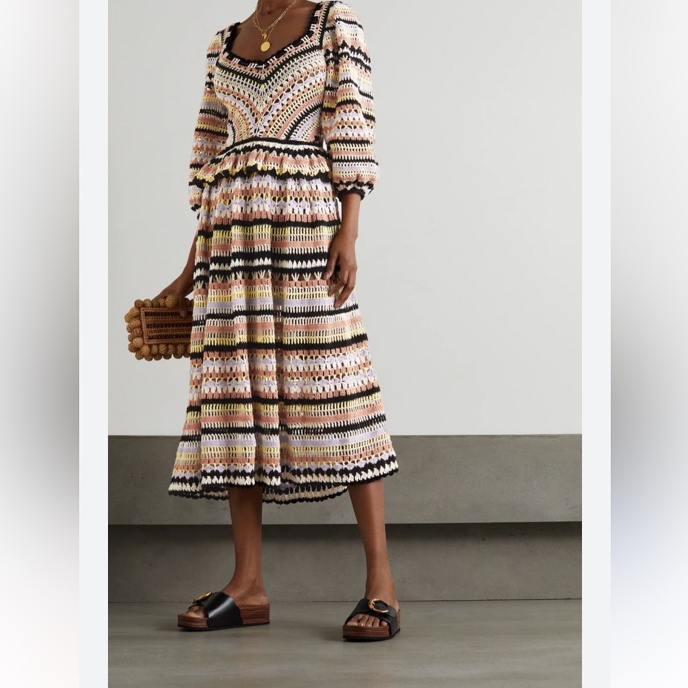 $895 Ulla Johnson Delfina Striped Crochet Cotton Tiered Maxi Dress Ecru Medium - Picture 2 of 11